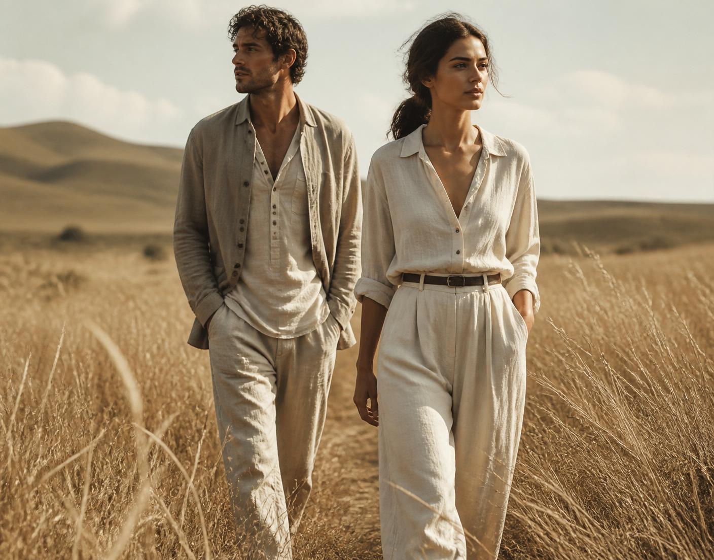 Two people walking through dry grassland in undyed linen clothing